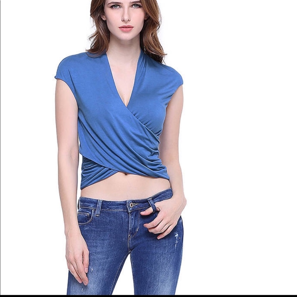 New Guess Marciano Blue wrap cross cross blouse L